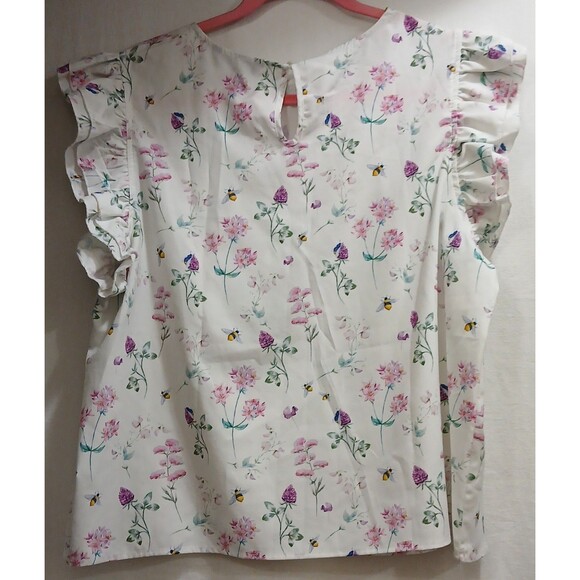 SHEIN Women’s XL Blouse White Flutter Sleeve Lavender Floral Bumble Bee Bow LNC - Picture 5 of 8